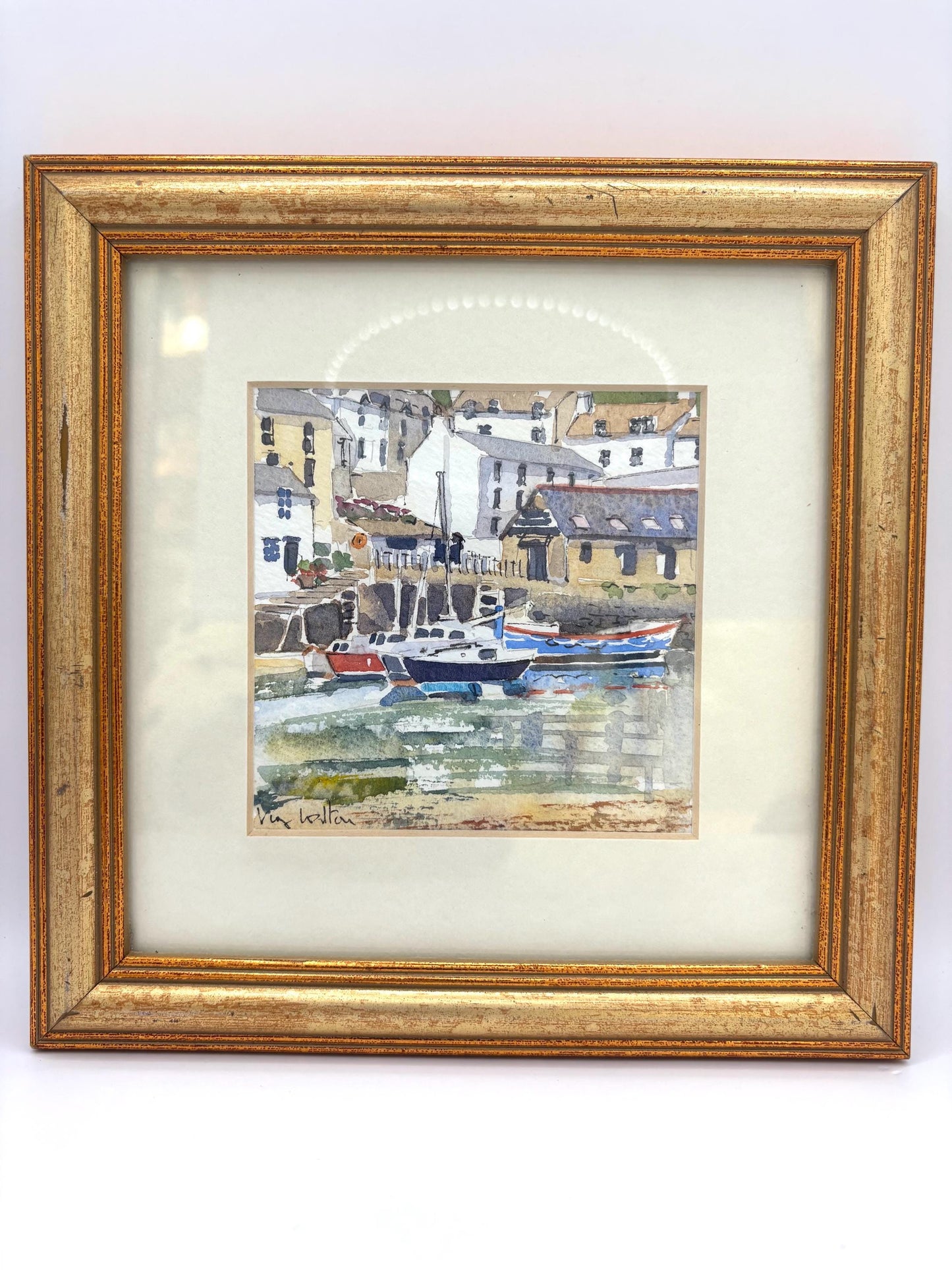 Vintage Watercolour Painting With Cityscape Background, Water And Boats Virginia Walton