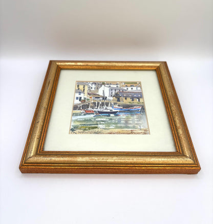 Vintage Watercolour Painting With Cityscape Background, Water And Boats Virginia Walton