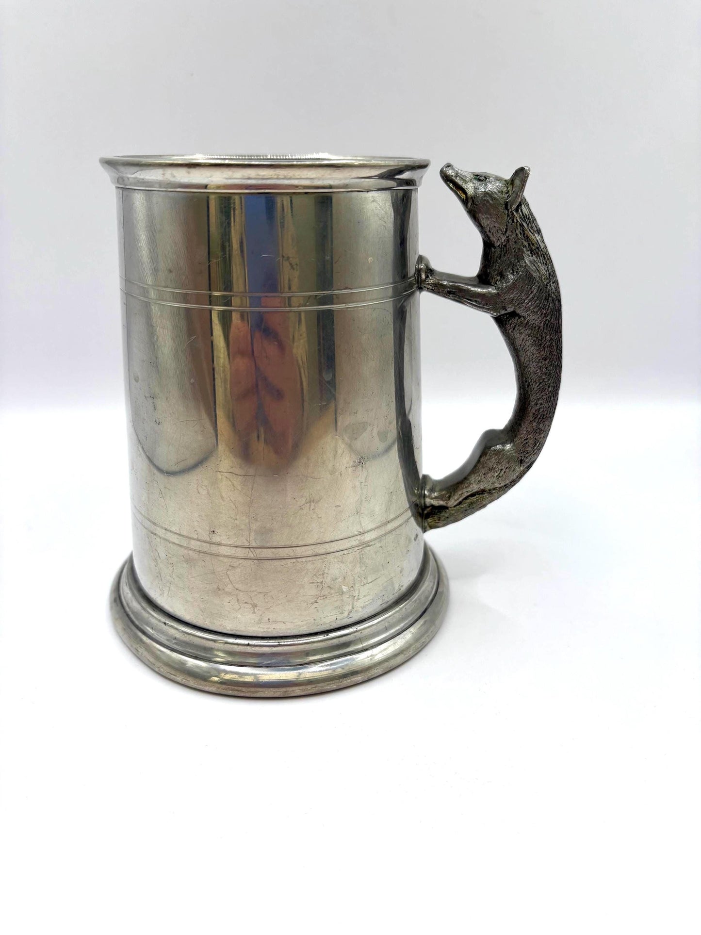 Vintage Pewter Tankard with a fox handle, perfect for collectors and vintage home decor enthusiasts