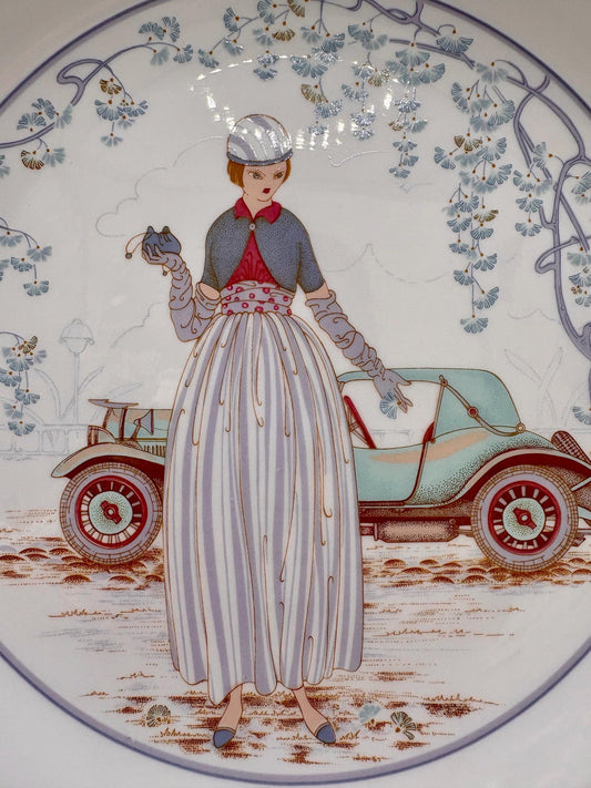 Vintage Royal Worcester Hammersley Decorative Plate featuring a woman in vintage clothing by a classic car