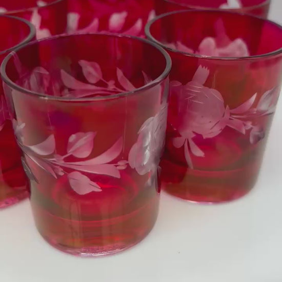 video of Set of 6 vintage cranberry glasses with etched floral design made in France
