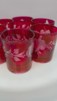 video of Set of 6 vintage cranberry glasses with etched floral design made in France