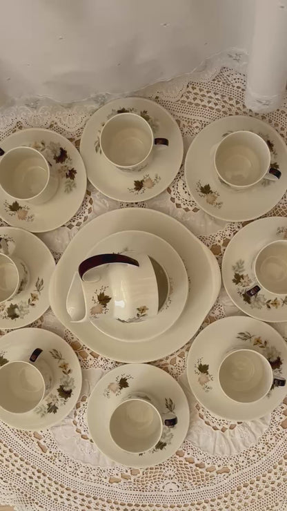 Royal Doulton Westwood 1950s vintage china tea set with floral design, 27 pieces including cups, platter, sugar bowl, and milk jug