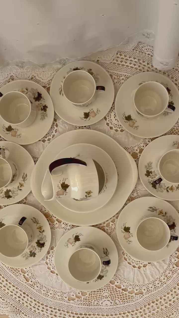 Royal Doulton Westwood 1950s vintage china tea set with floral design, 27 pieces including cups, platter, sugar bowl, and milk jug
