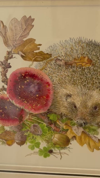 Painting of a hedgehog among autumn leaves and berries in a woodland setting