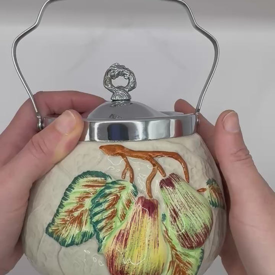 360-degree view of vintage Staffordshire hand painted cookie jar