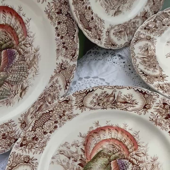 Set of six vintage brown transferware dinner plates with wild turkey design by Johnson Brothers