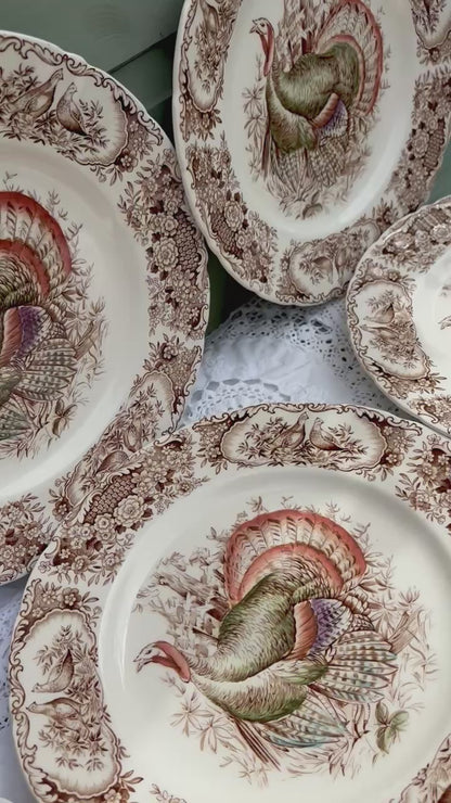 Set of six vintage brown transferware dinner plates with wild turkey design by Johnson Brothers