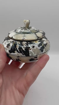 Vintage Mother Of Pearl Abalone Round Trinket Box Black And White
