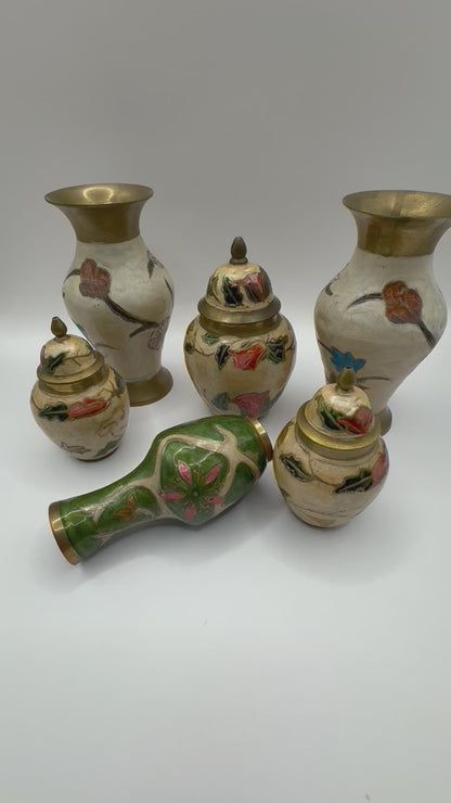 Vintage Brass Dragonfly Enamel Hand Painted Flower Vases