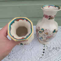 Pair of Masons Ironstone Java pattern vases, hand painted with vibrant colors
