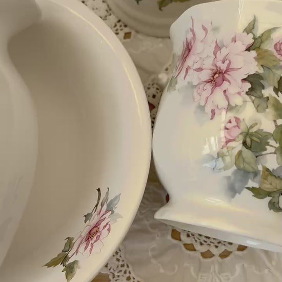 Vintage Hadida bone china white and pink floral bathroom set from the 1980s