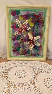 Original abstract floral painting in a light wood frame