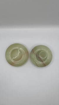 Set of two Vintage circular hand carved pale green onyx marble ashtray