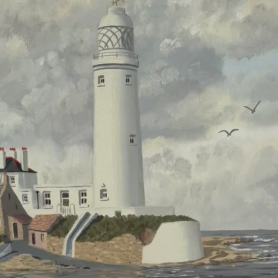Video of Original oil painting of St. Mary's Lighthouse by John J Kerr, depicting Whitley Bay's coastal scenery.