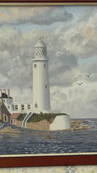 Video of Original oil painting of St. Mary's Lighthouse by John J Kerr, depicting Whitley Bay's coastal scenery.