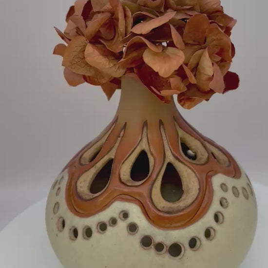Video of Rustic 1970s stoneware studio pottery vessel with handcrafted design