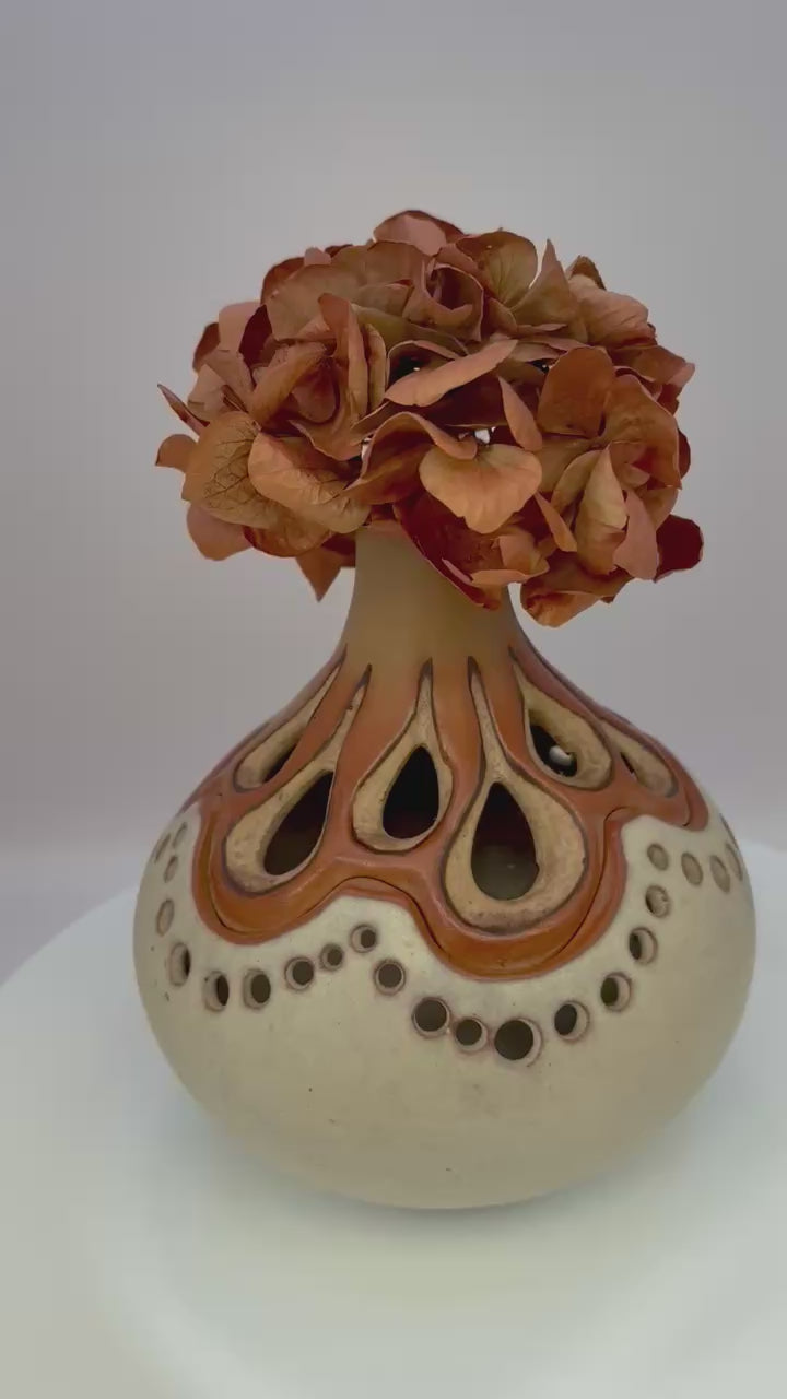 Video of Rustic 1970s stoneware studio pottery vessel with handcrafted design