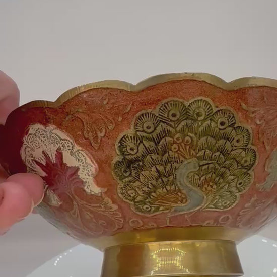 Vintage brass cloisonne bowl with footed base and peacock motif from India