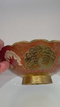 Vintage brass cloisonne bowl with footed base and peacock motif from India