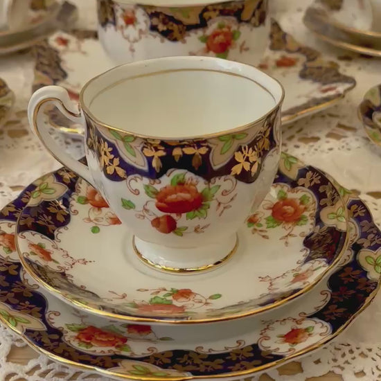 Royal Standard bone china Imari tea set with navy, gold, and floral design – 20-piece vintage collection