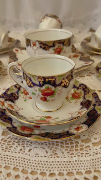 Royal Standard bone china Imari tea set with navy, gold, and floral design – 20-piece vintage collection