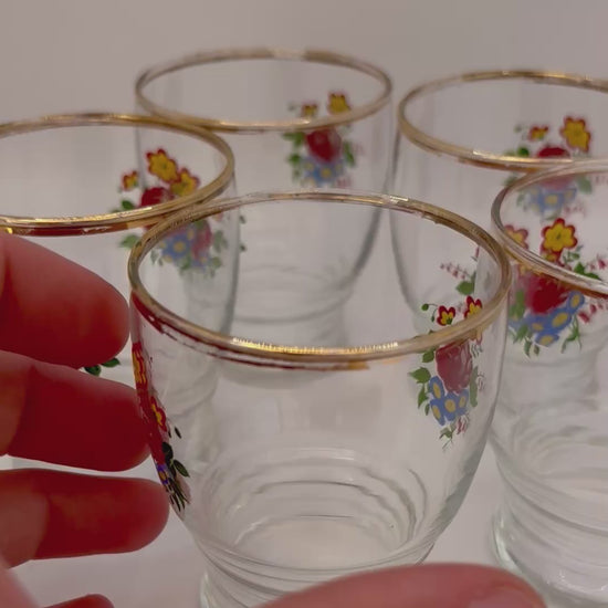 1950s vintage floral shot glasses set of five with colorful flower design