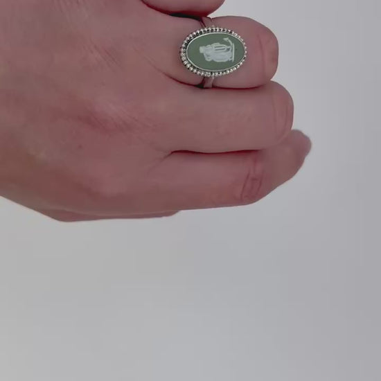 video Vintage Wedgwood sage green jasperware cameo ring featuring Hope and Anchor motif set in sterling silver