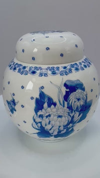 Vintage Ringtons bone china ginger jar with blue and white chrysanthemum design and lid