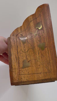 Vintage Wooden Letter Rack | Brass Inlay Leaf Stationery Holder