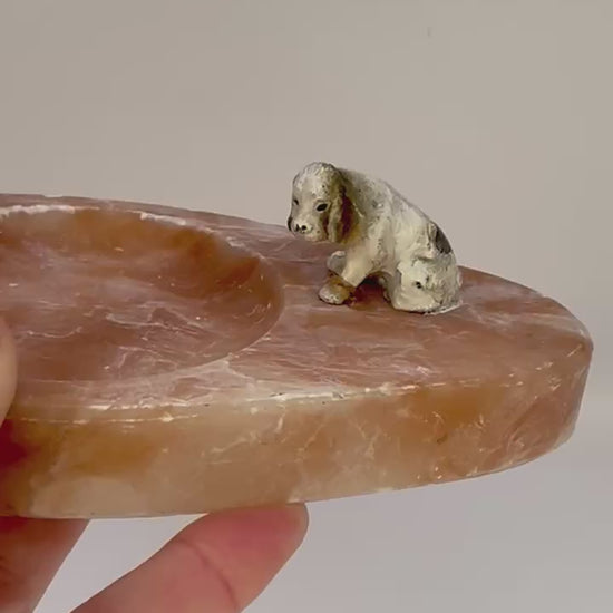 Vintage marble and onyx trinket dish with two dog figurines from the 1930s