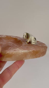 Vintage marble and onyx trinket dish with two dog figurines from the 1930s