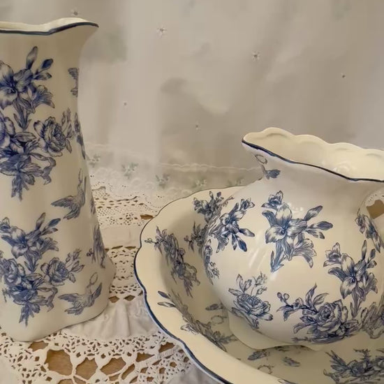 Antique blue and white floral pottery pitcher and jug set for home decor