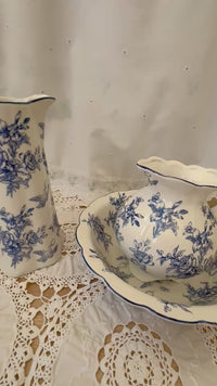 Antique blue and white floral pottery pitcher and jug set for home decor