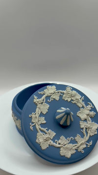 Vintage Wedgwood Blue Jasperware Round Trinket Box, and Blue Ceramic Vase