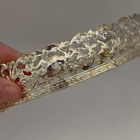 video of Vintage H. Samuel ceramic flan dish with ornate silver-plated holder and serving spatula