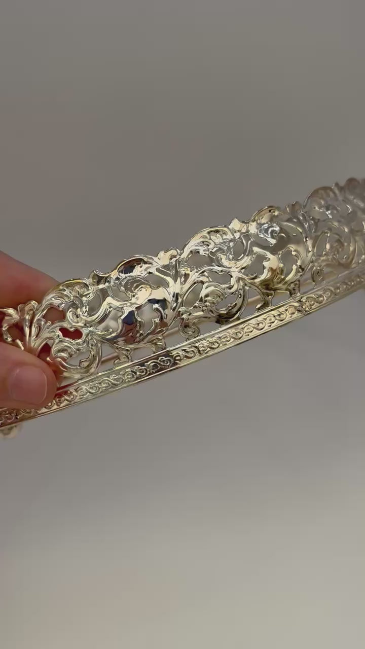 video of Vintage H. Samuel ceramic flan dish with ornate silver-plated holder and serving spatula