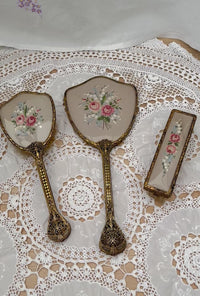 Vintage Set Of Vanity Items With Embroidered Backs
