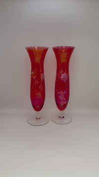 Pair of vintage cranberry etched glass bud vases with clear pedestal base