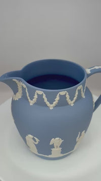 Vintage 1954 Wedgwood blue and white jasperware pitcher with neoclassical design