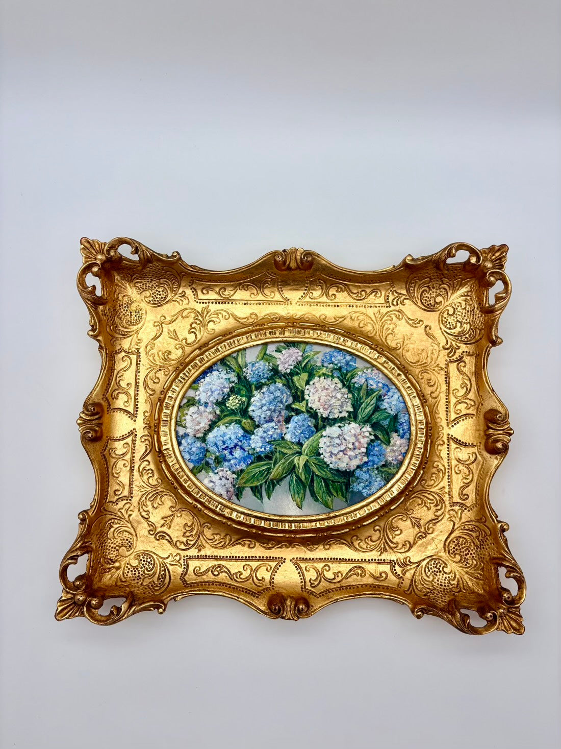 Vintage Oil Painting Blue Hydrangeas – Ornate Gold Rococo Frame With Gallery Label
