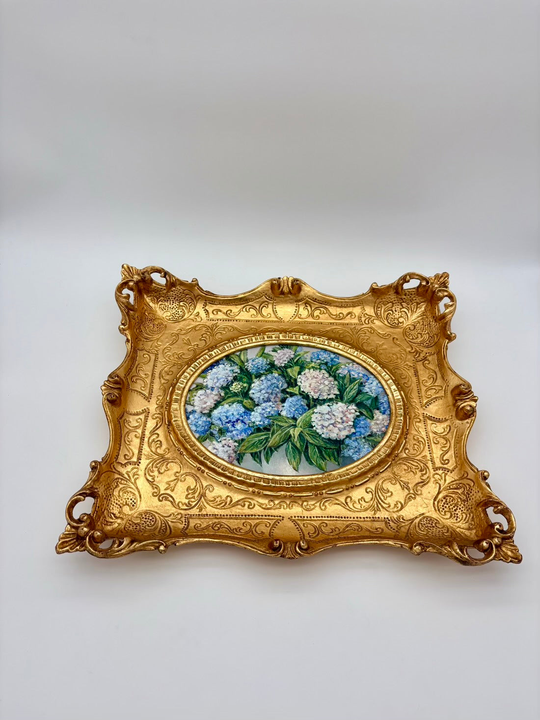Vintage Oil Painting Blue Hydrangeas – Ornate Gold Rococo Frame With Gallery Label