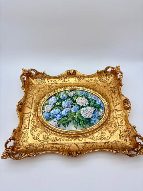 Vintage Oil Painting Blue Hydrangeas – Ornate Gold Rococo Frame With Gallery Label