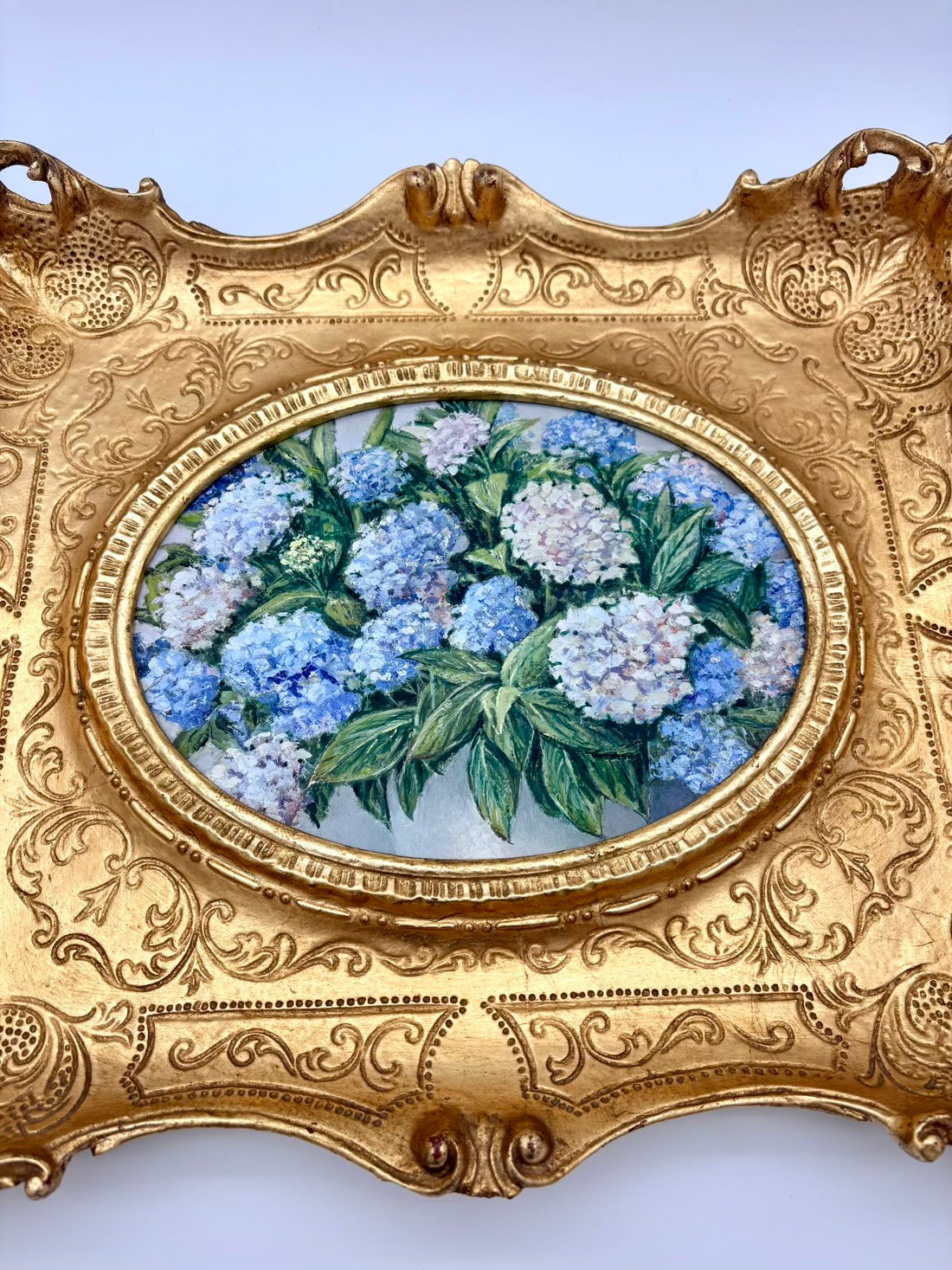Vintage Oil Painting Blue Hydrangeas – Ornate Gold Rococo Frame With Gallery Label